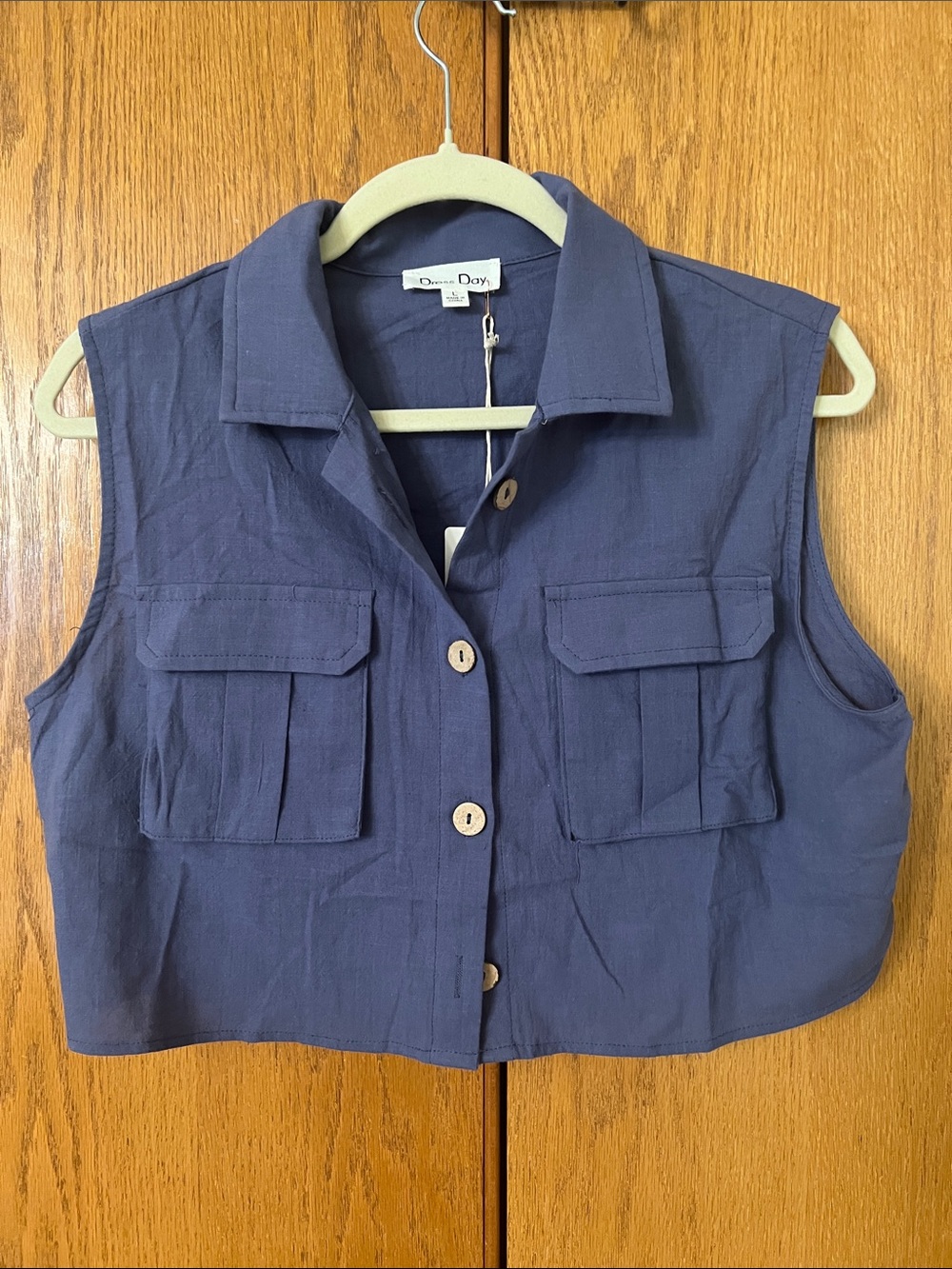 Dress Day 100% Cotton Dusty Blue Button Front Cropped Vest
